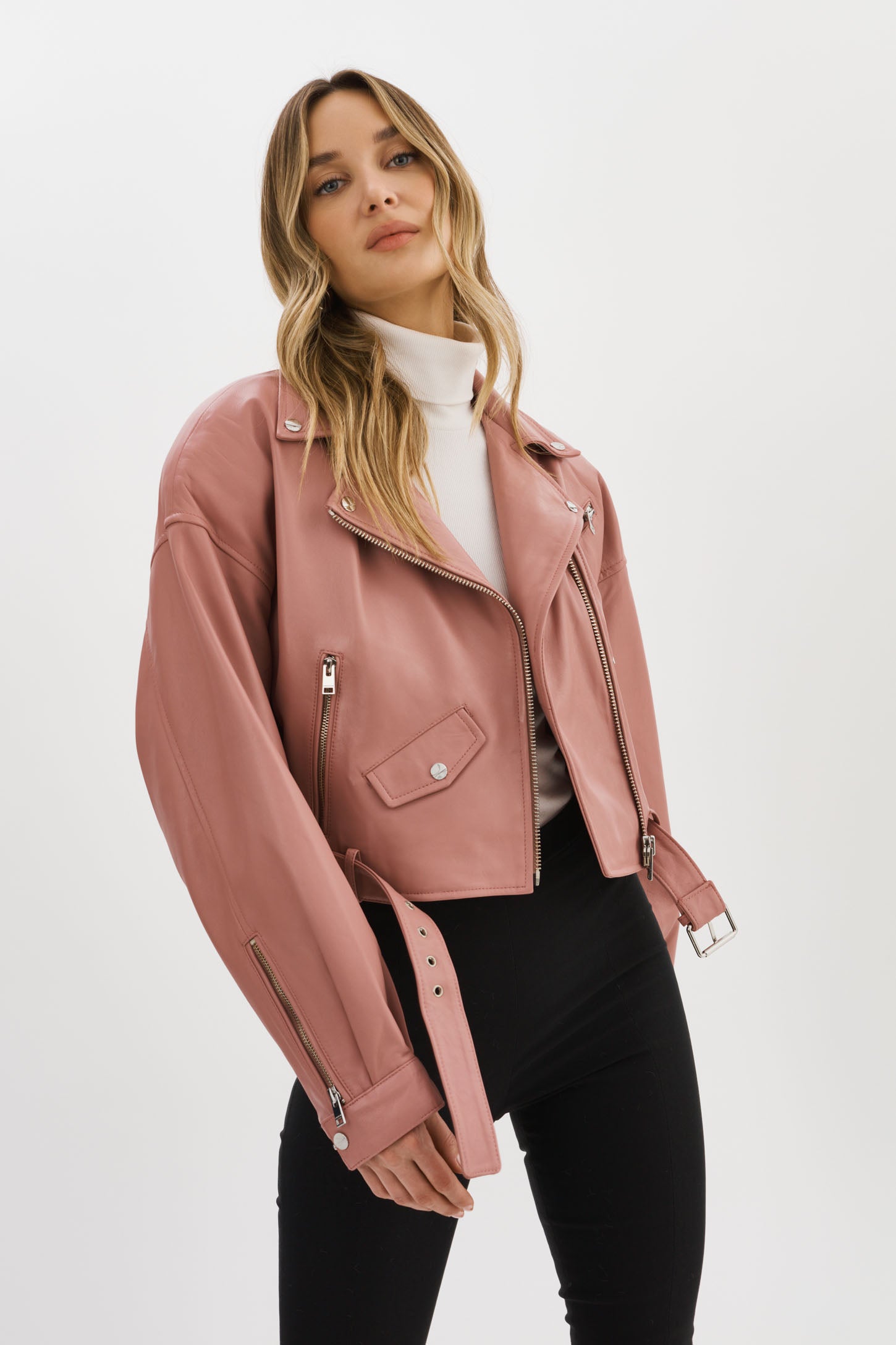 Pink leather moto jacket discount