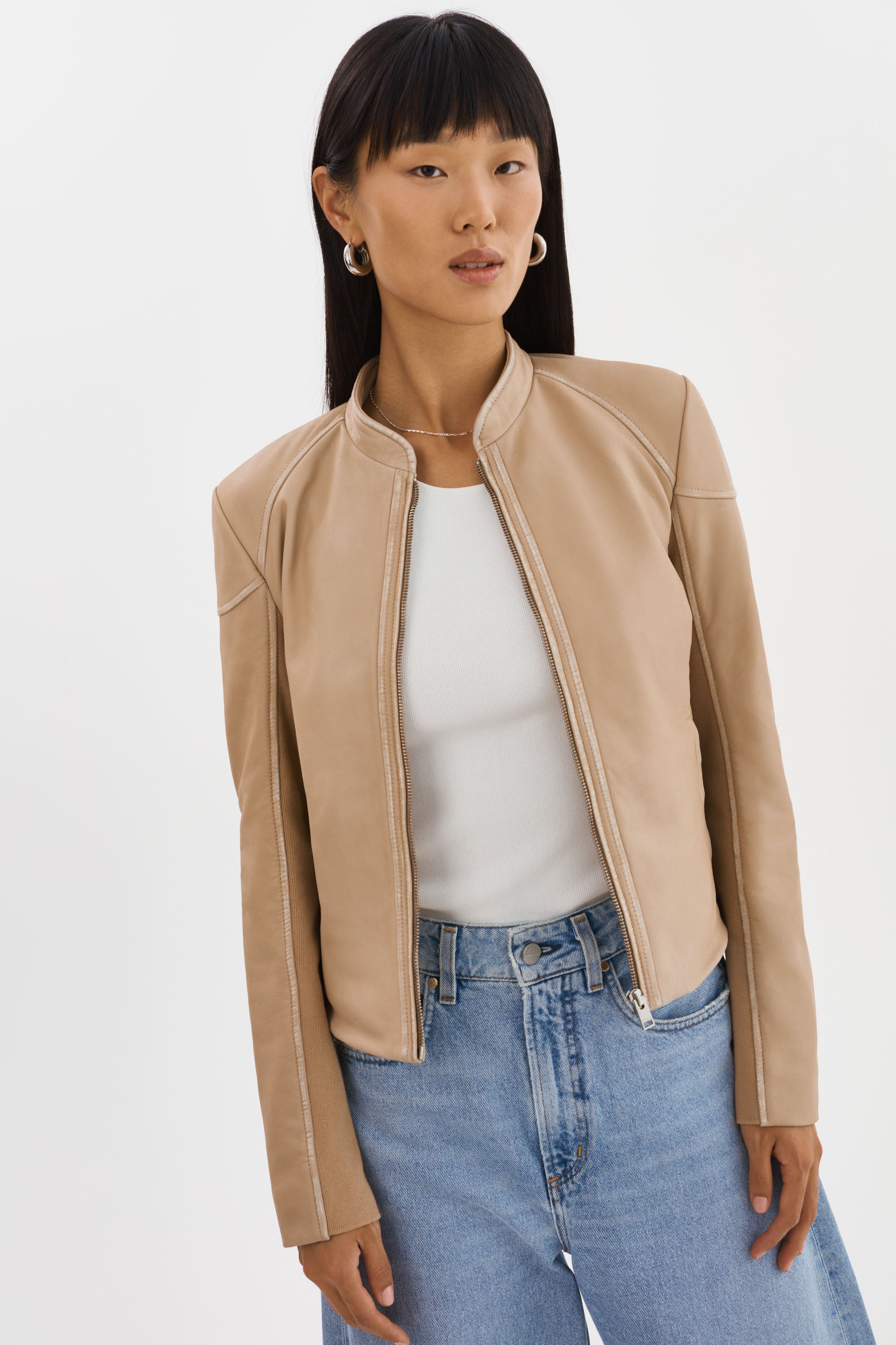 Beige leather jacket sale