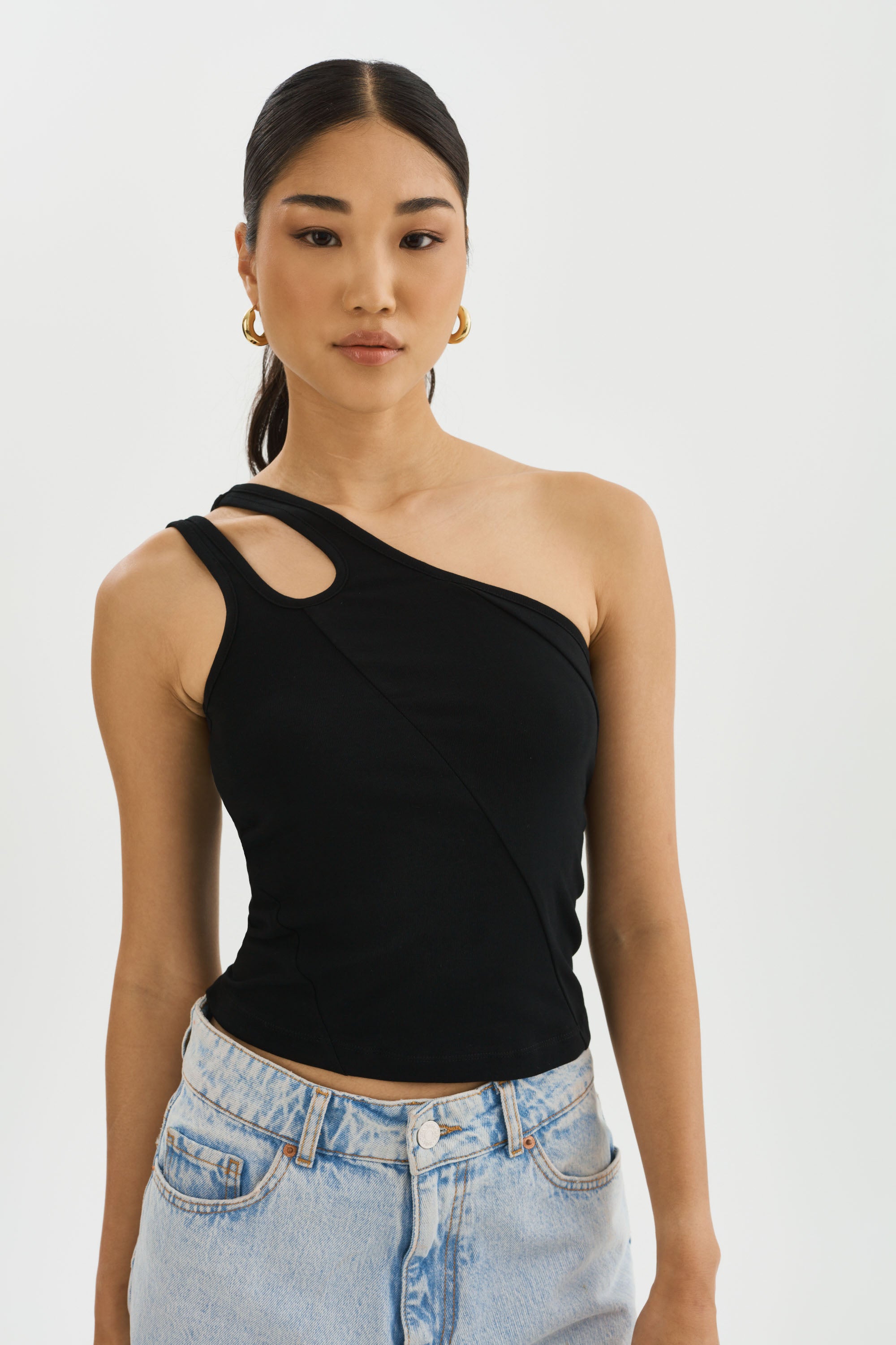Black Soft Rib Double Strap One Shoulder Top