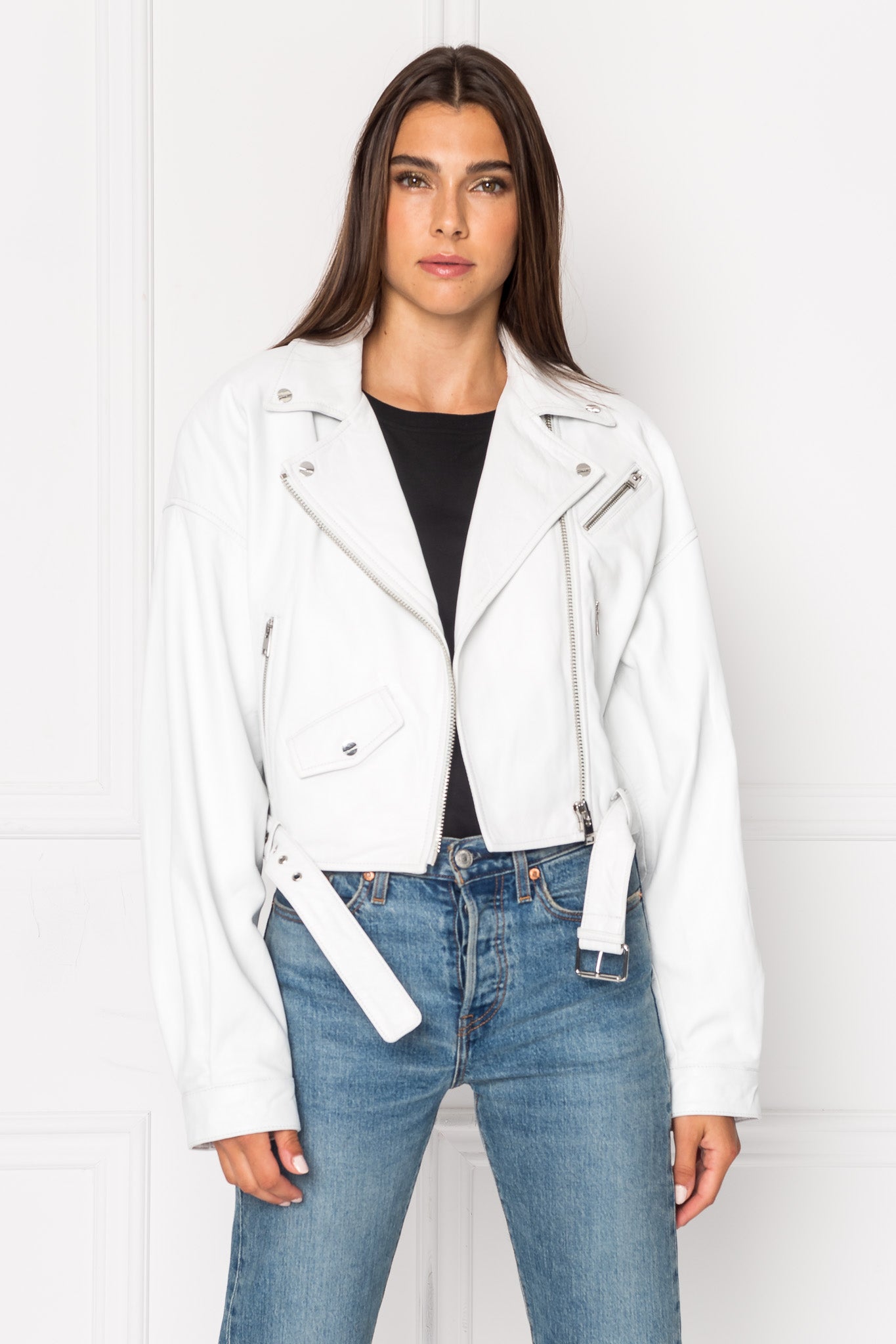 Cropped Leather Biker Jacket in White - Alaia