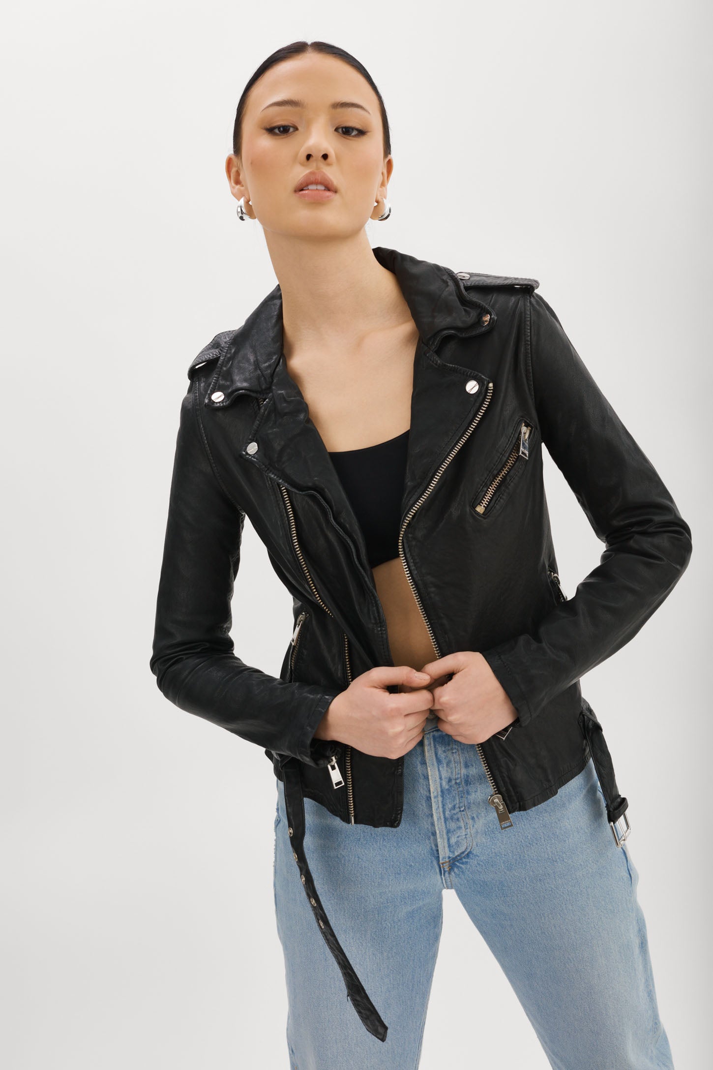 Faux-Leather Belted Biker Jacket