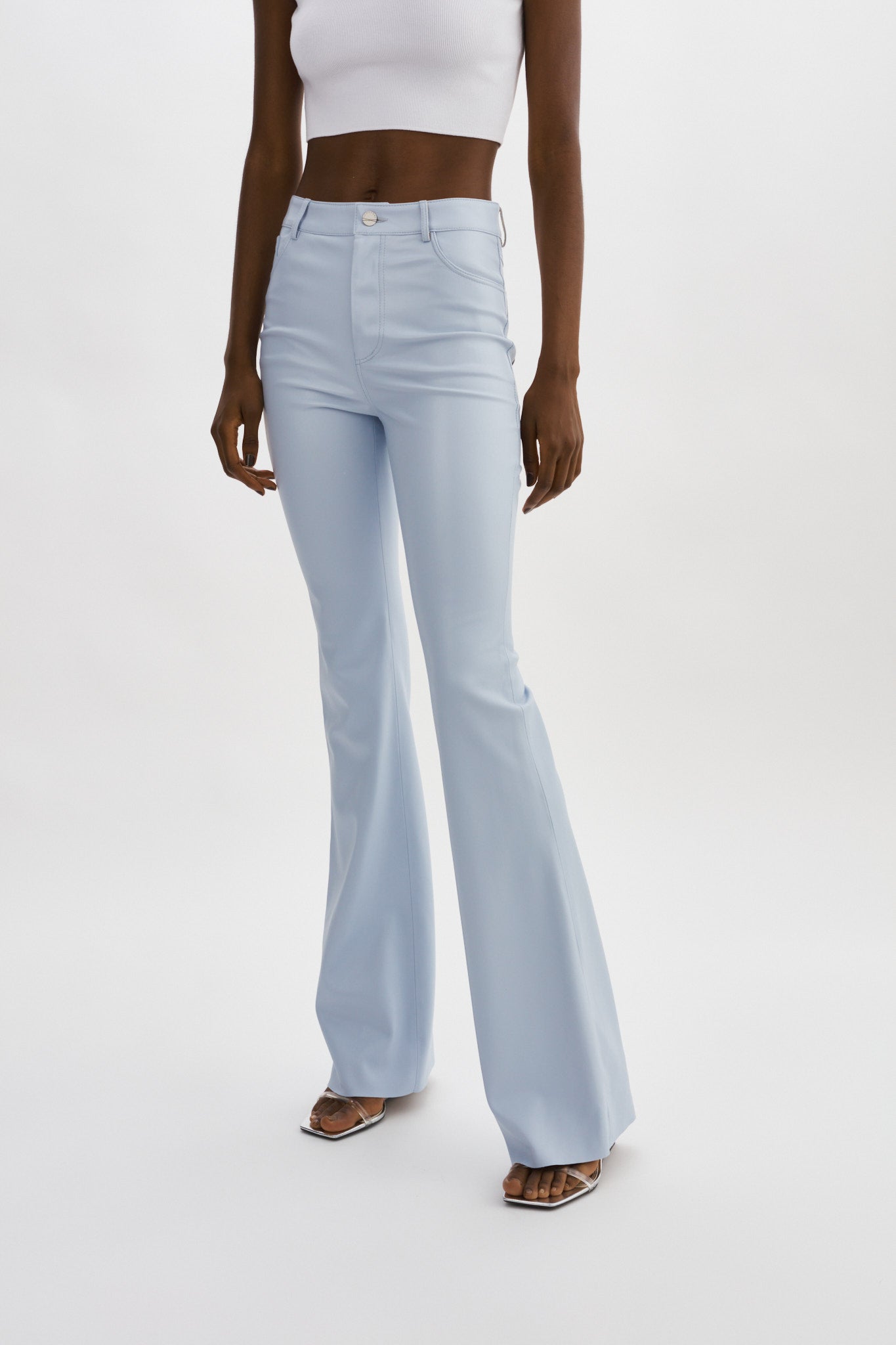 Baby blue leather pants on sale