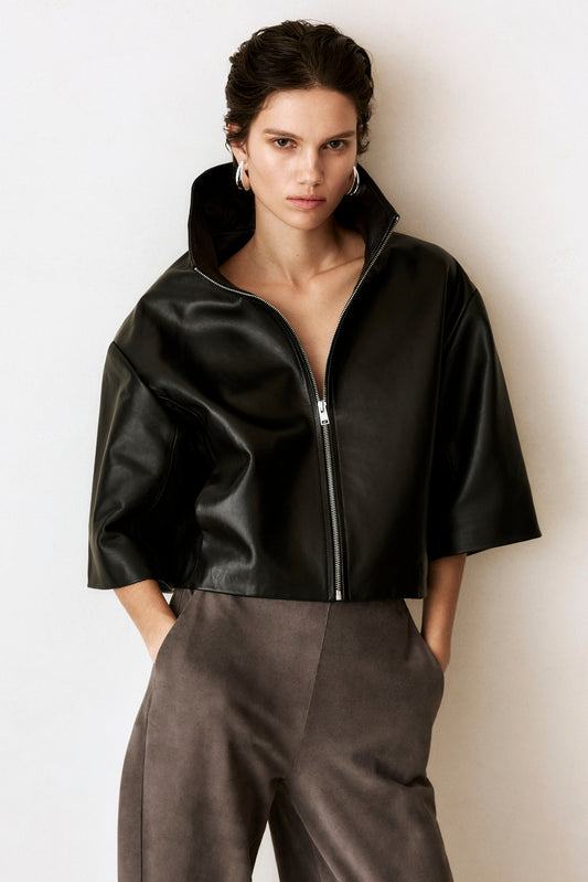 ELIN | Leather Funnel Neck Jacket