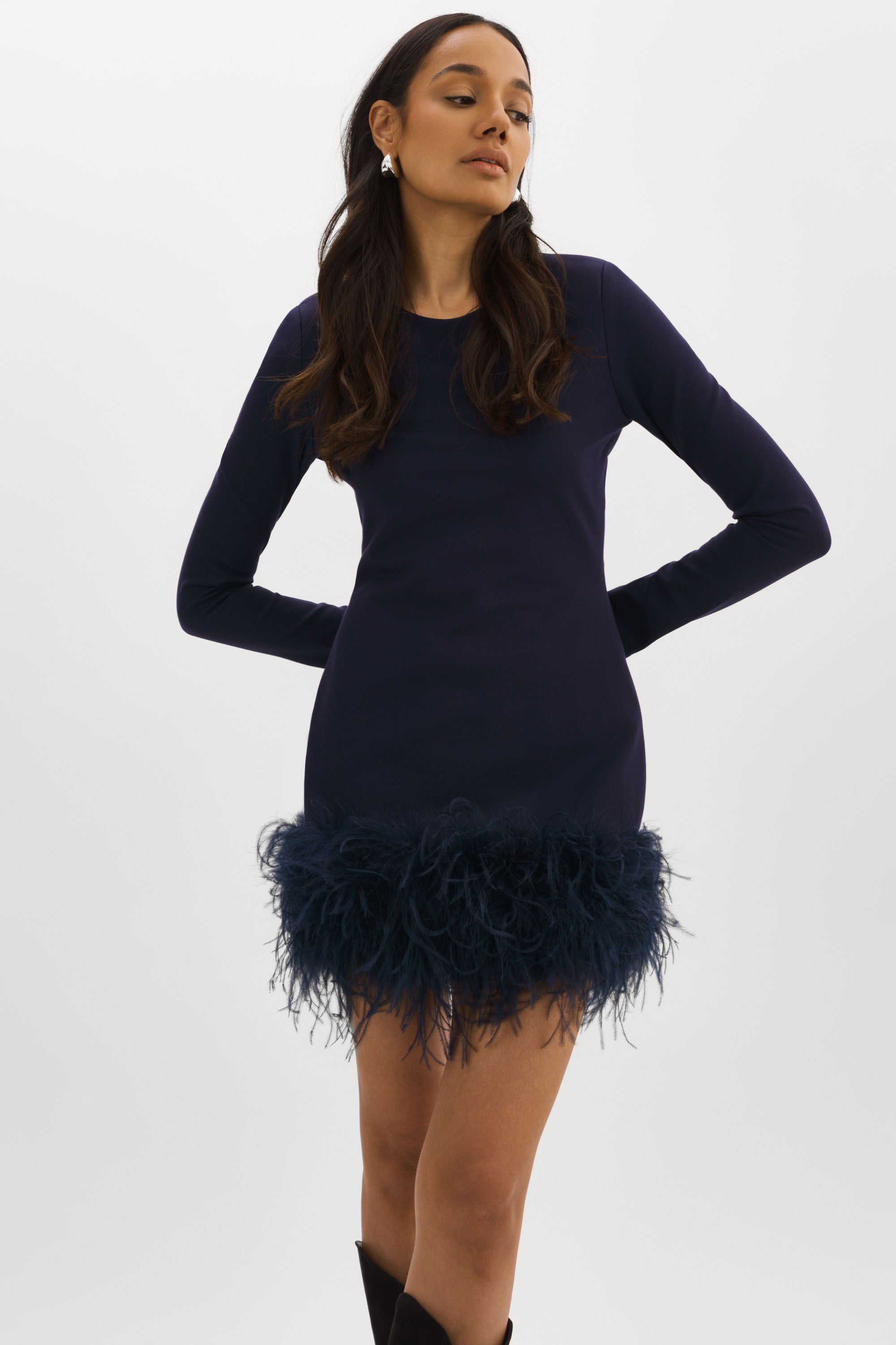 Lamarque Bahira Feather-Trimmed Minidress - Midnight Blue Lamarque Bahira Feather-Trimmed Minidress - Midnight Blue