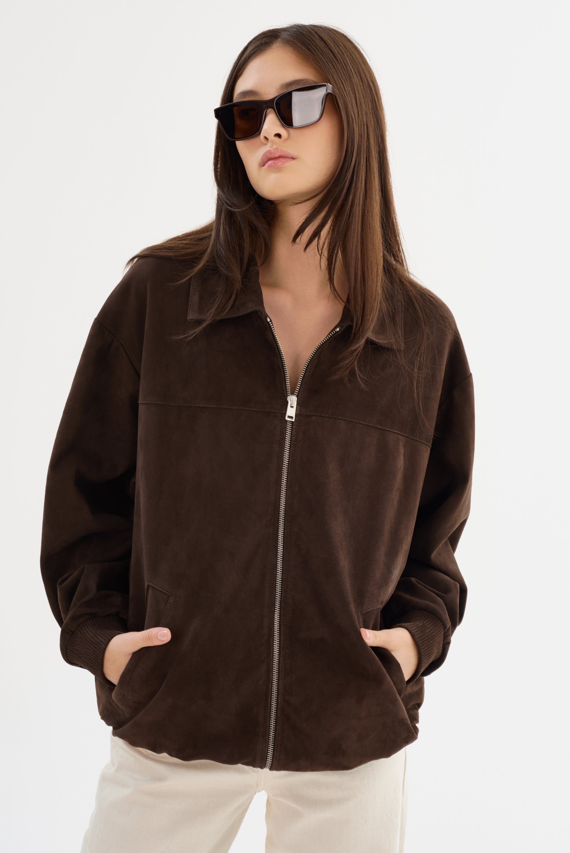CADEN Oversized Suede Bomber Jacket
