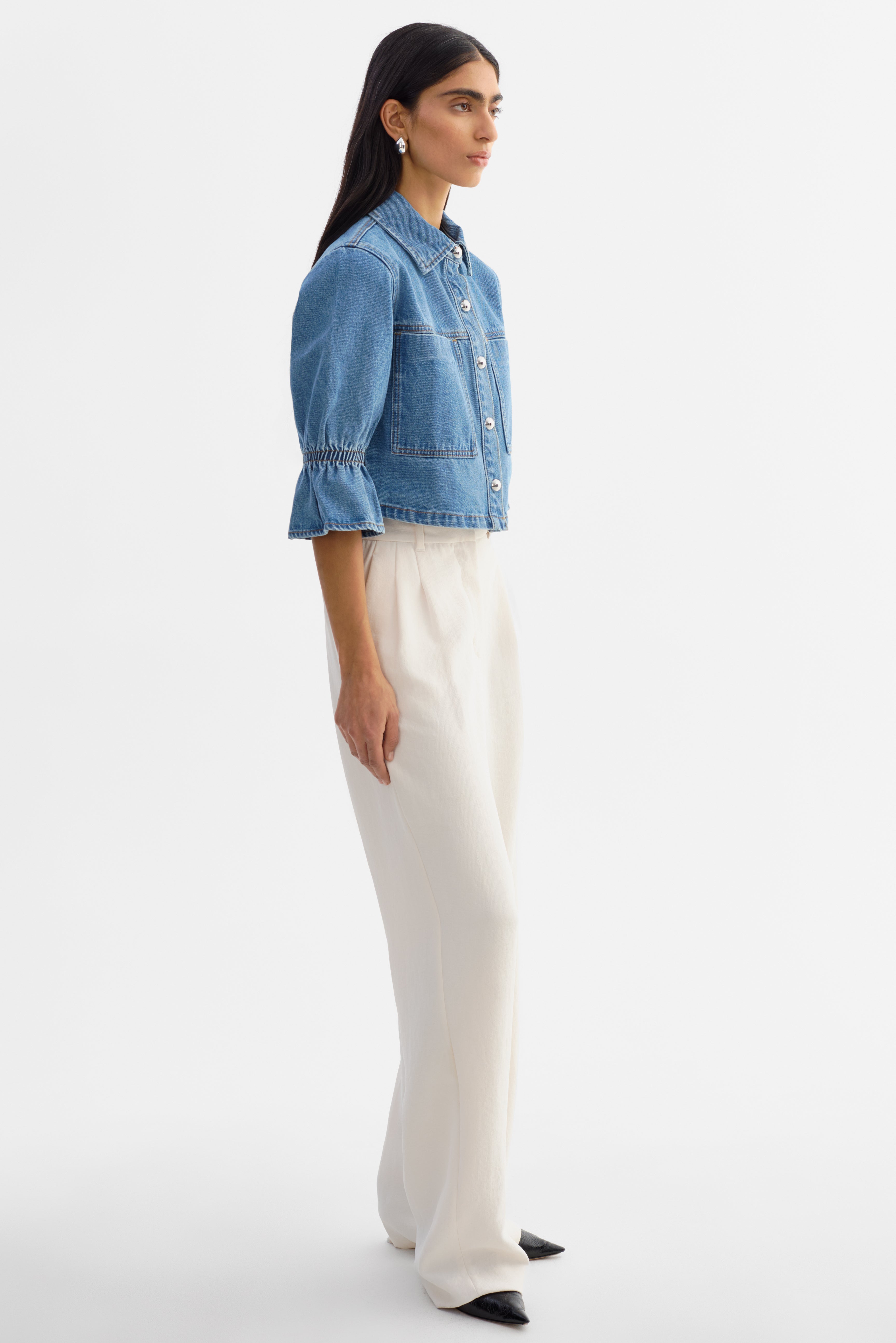 CAROLINA D | Ruffle Sleeve Denim Jacket Mid Blue Wash / XL CAROLINA D | Ruffle Sleeve Denim Jacket Mid Blue Wash / XL