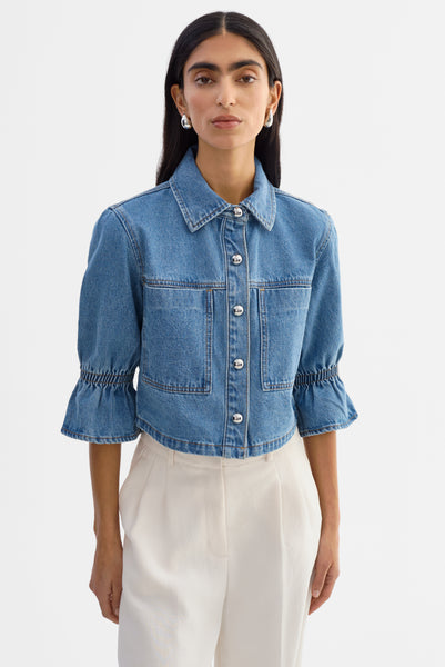 えむえめ♡Frill sleeve chiffon docking jacket CAROLINA D | Ruffle Sleeve Denim Jacket – LAMARQUE