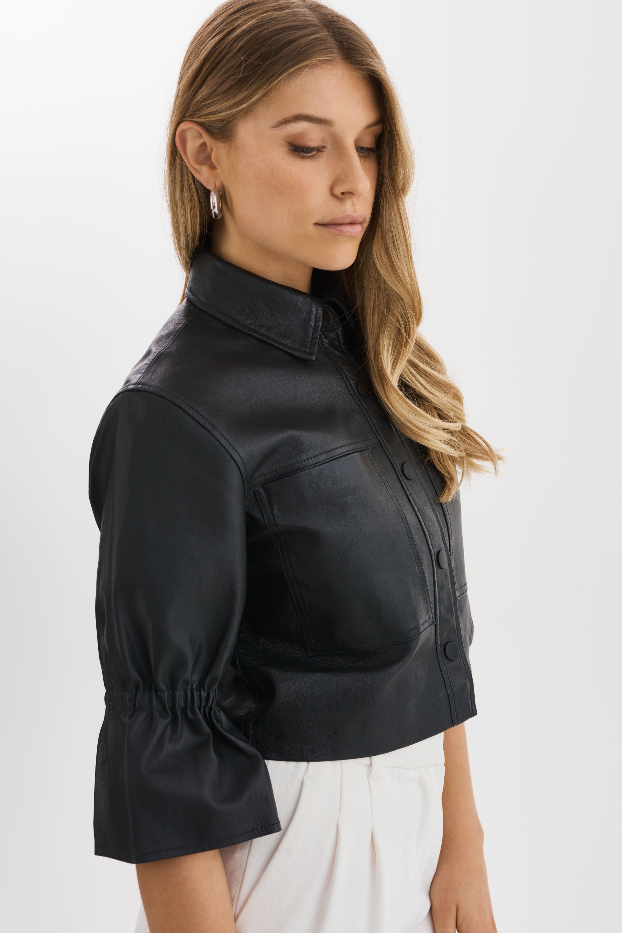 CAROLINA | Leather Ruffle Sleeve Jacket – LAMARQUE