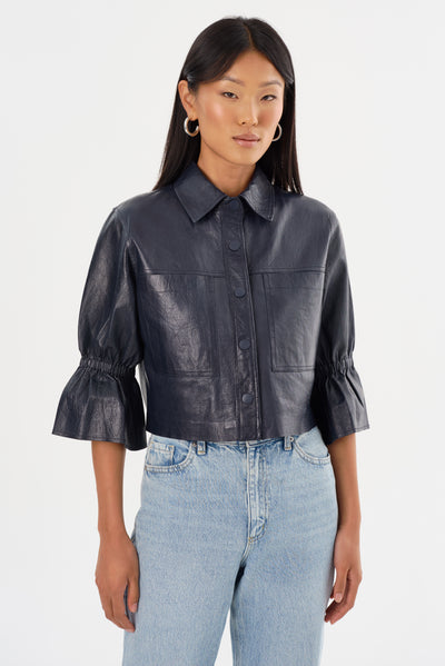 CAROLINA | Ruffle Sleeve Leather Jacket