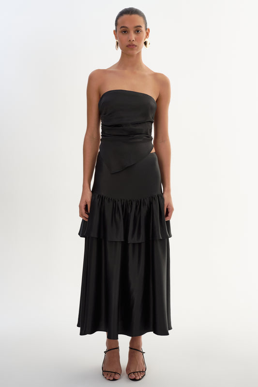 CHALINA | Ruffle Satin Midi Skirt