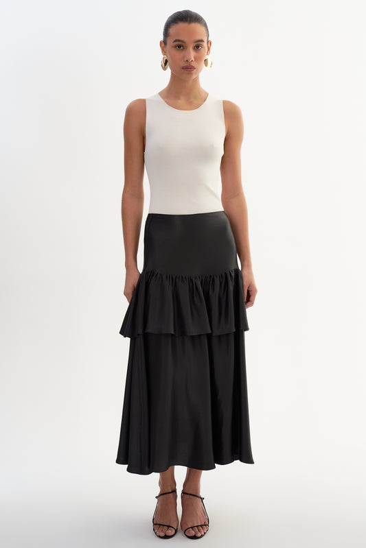 CHALINA | Jupe Midi en Satin à Volants