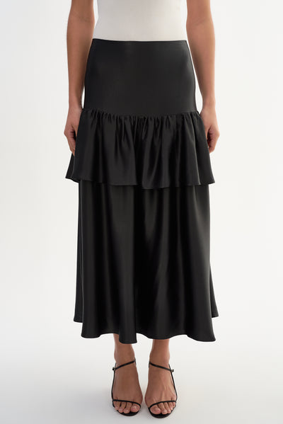 CHALINA | Ruffle Satin Midi Skirt