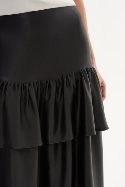 CHALINA | Ruffle Satin Midi Skirt