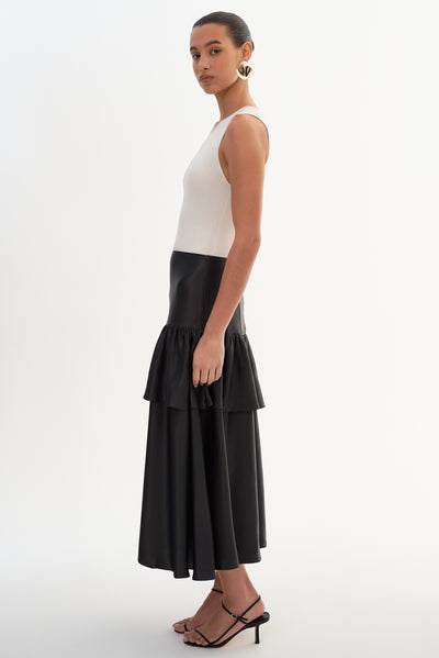 CHALINA | Ruffle Satin Midi Skirt