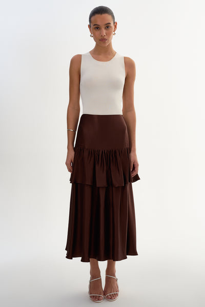 CHALINA | Ruffle Satin Midi Skirt