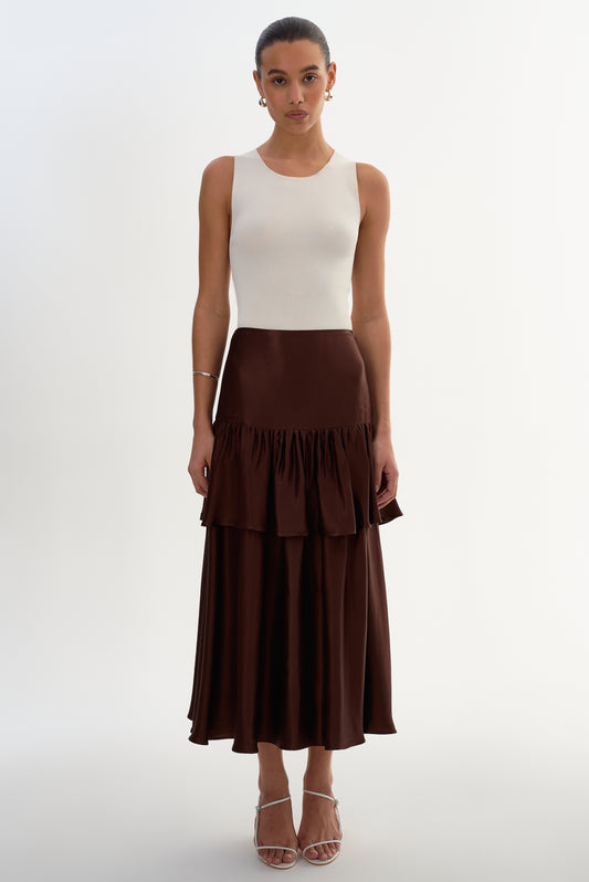 CHALINA | Ruffle Satin Midi Skirt