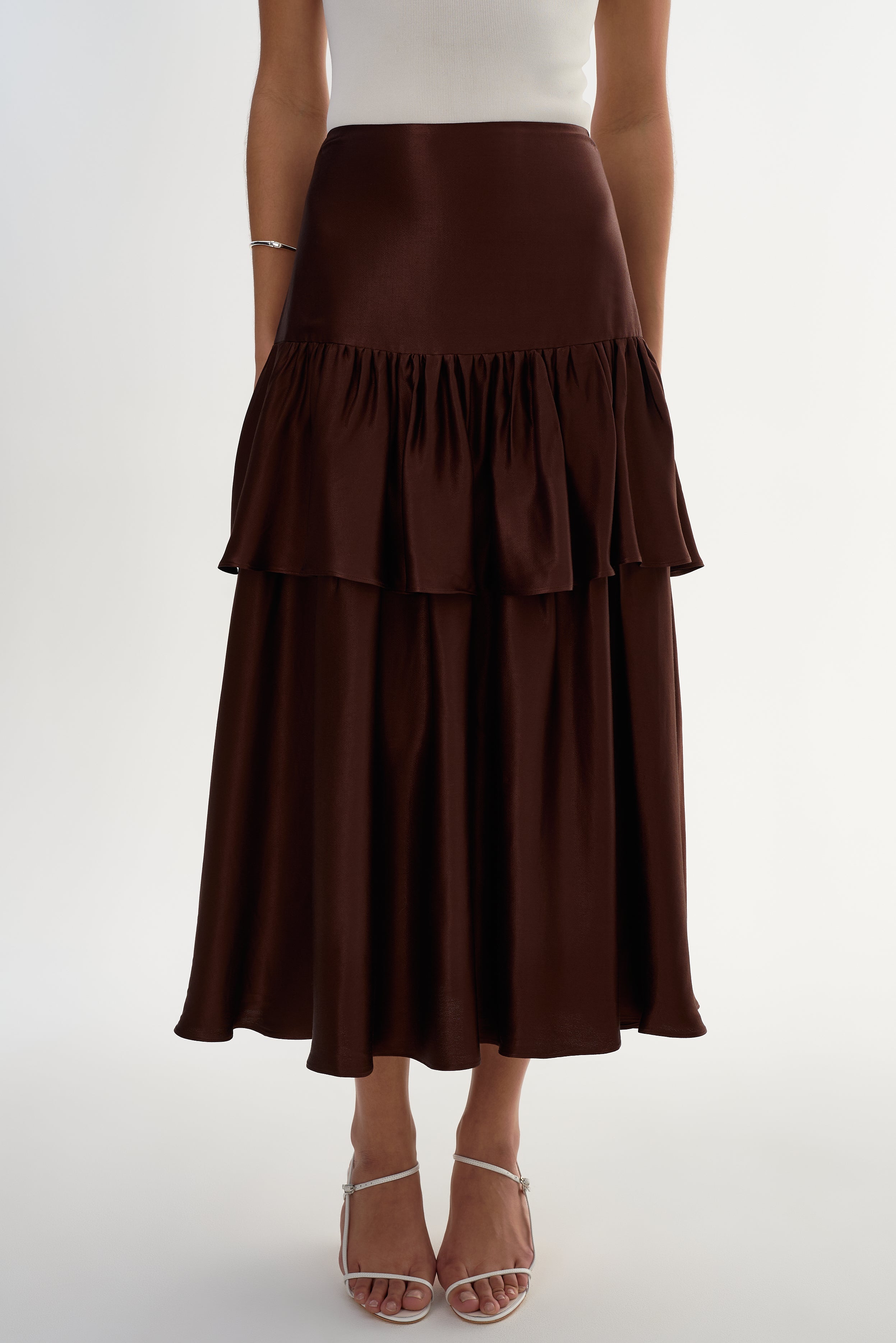 CHALINA | Jupe Midi en Satin à Volants