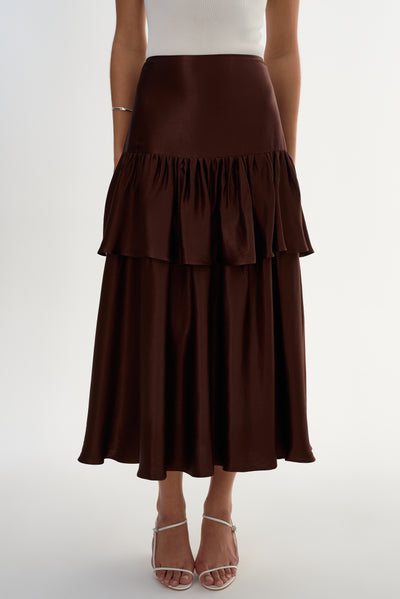 CHALINA | Ruffle Satin Midi Skirt