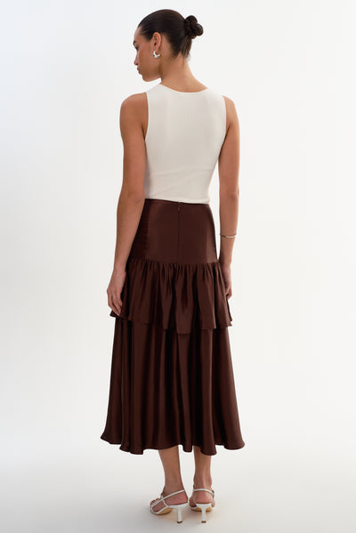 CHALINA | Ruffle Satin Midi Skirt