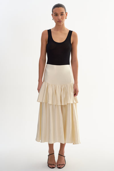 CHALINA | Ruffle Satin Midi Skirt