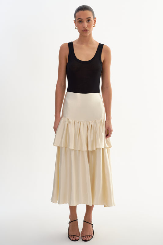CHALINA | Ruffle Satin Midi Skirt