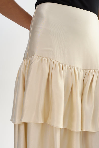 CHALINA | Ruffle Satin Midi Skirt