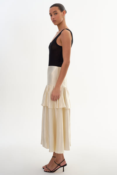 CHALINA | Ruffle Satin Midi Skirt