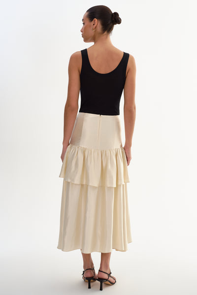 CHALINA | Ruffle Satin Midi Skirt