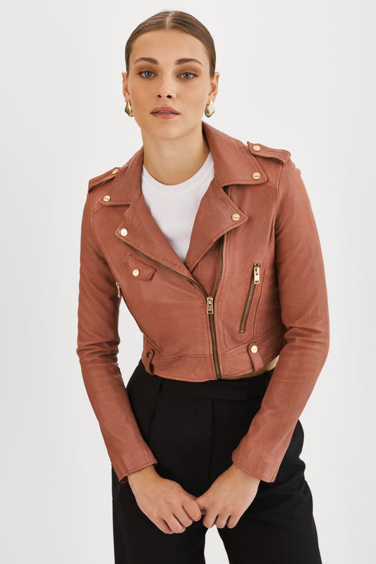 CIARA GOLD | Leather  Crop Biker Jacket