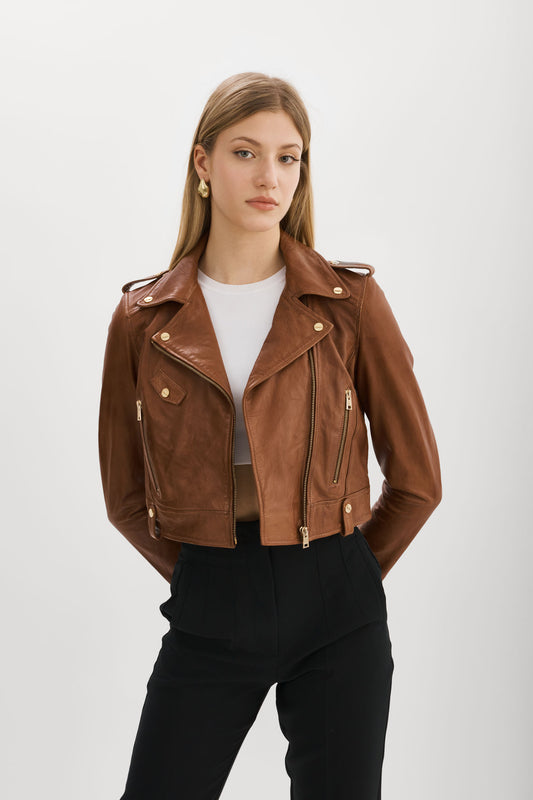 CIARA GOLD | Leather  Crop Biker Jacket