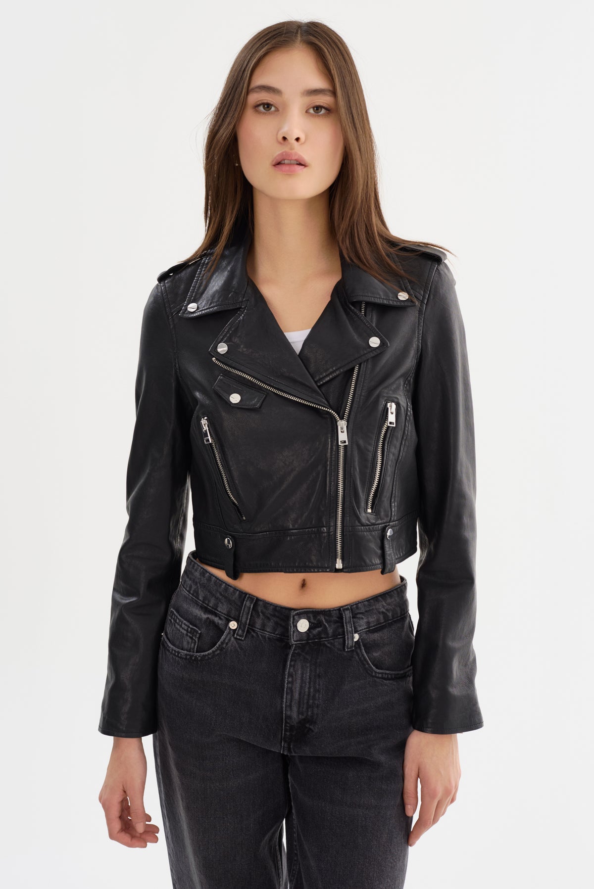CIARA Cropped Leather Biker Jacket