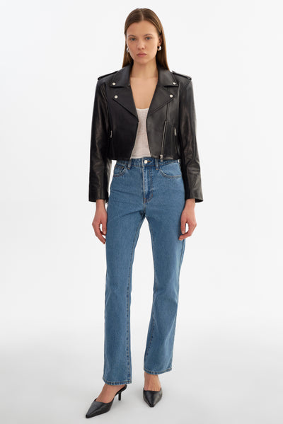 DENALDA | Cropped Leather Biker Jacket