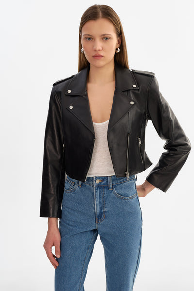 DENALDA | Cropped Leather Biker Jacket