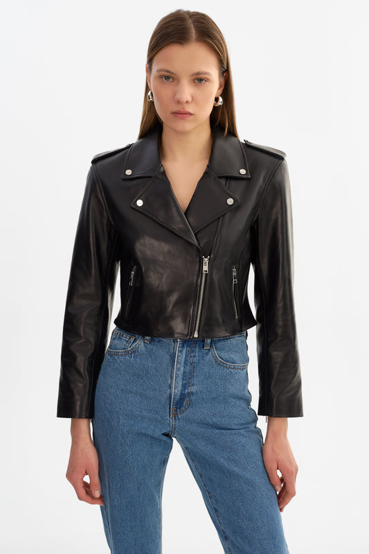 DENALDA | Leather Cropped Biker Jacket