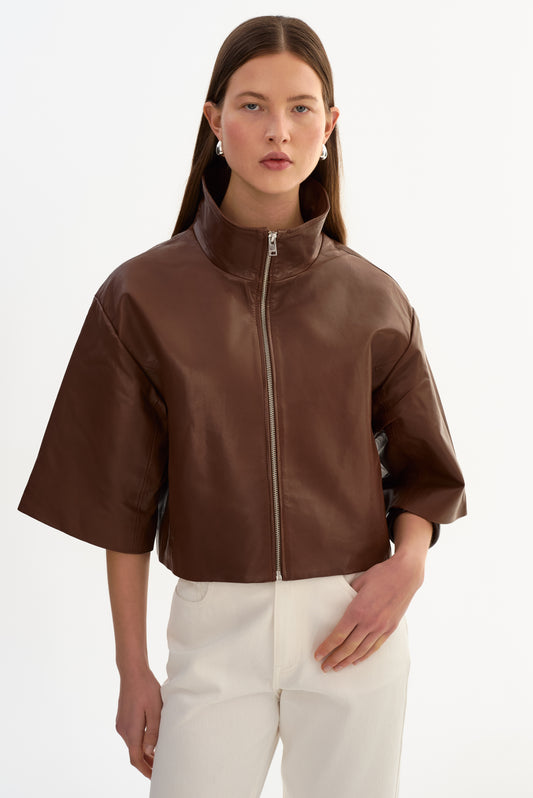 ELIN | Leather Funnel Neck Jacket