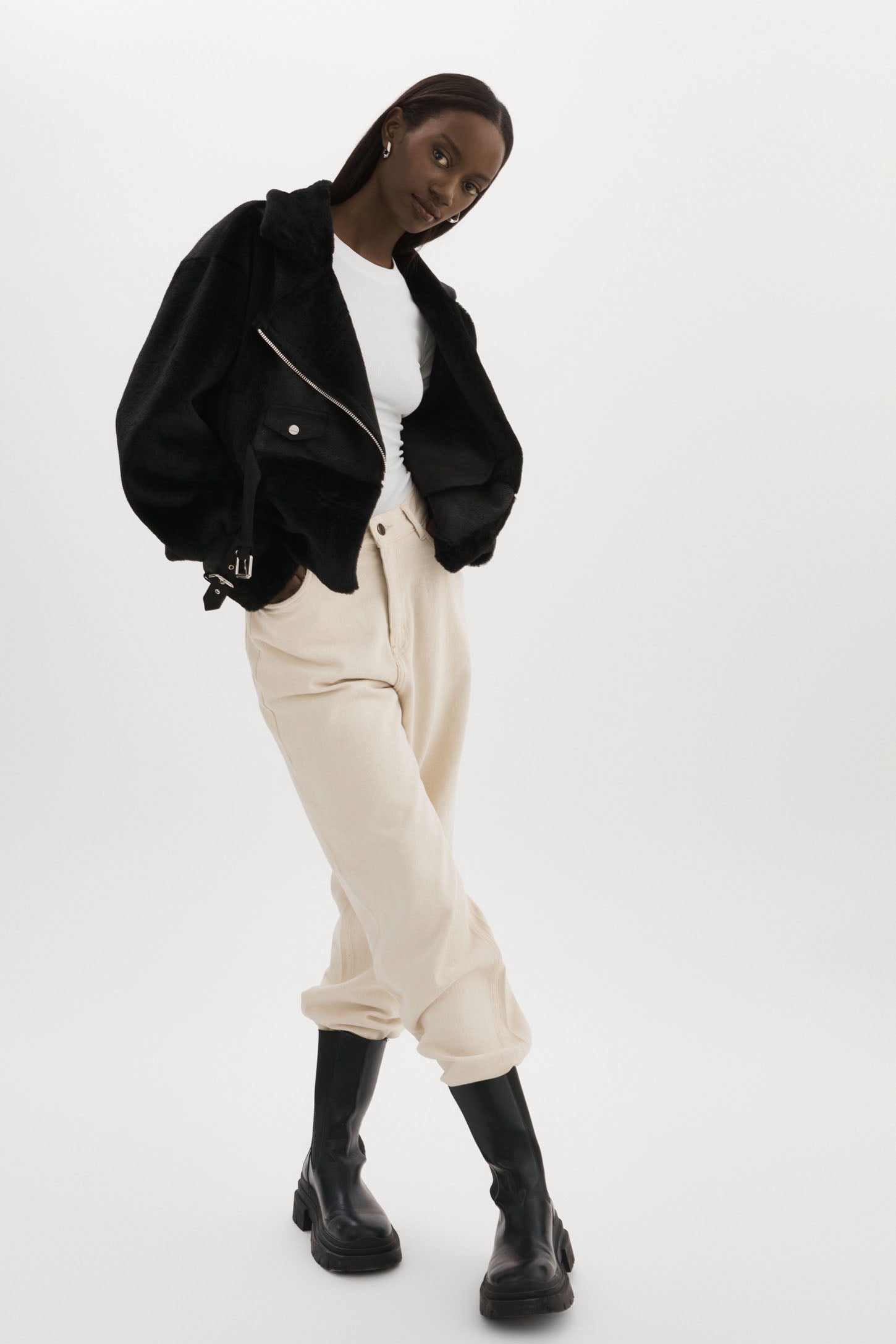Black leather jacket with faux fur deals