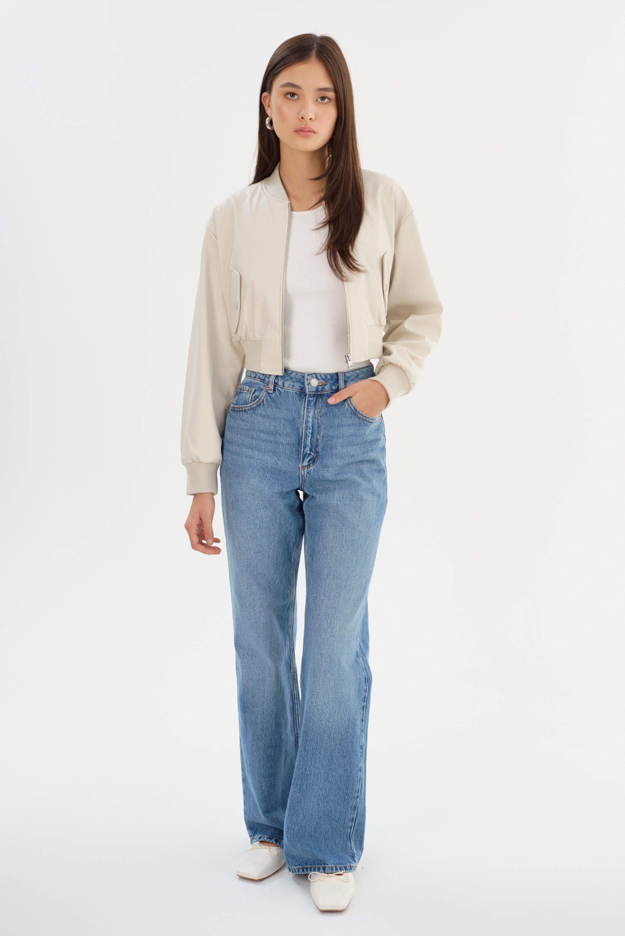 EVELIN | Cropped Faux Leather Bomber Jacket