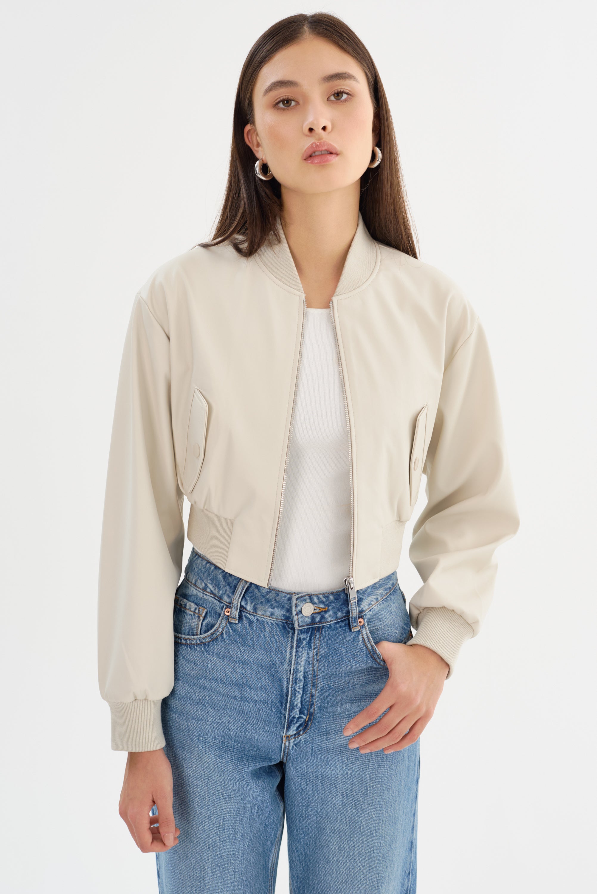 EVELIN | Cropped Faux Leather Bomber Jacket
