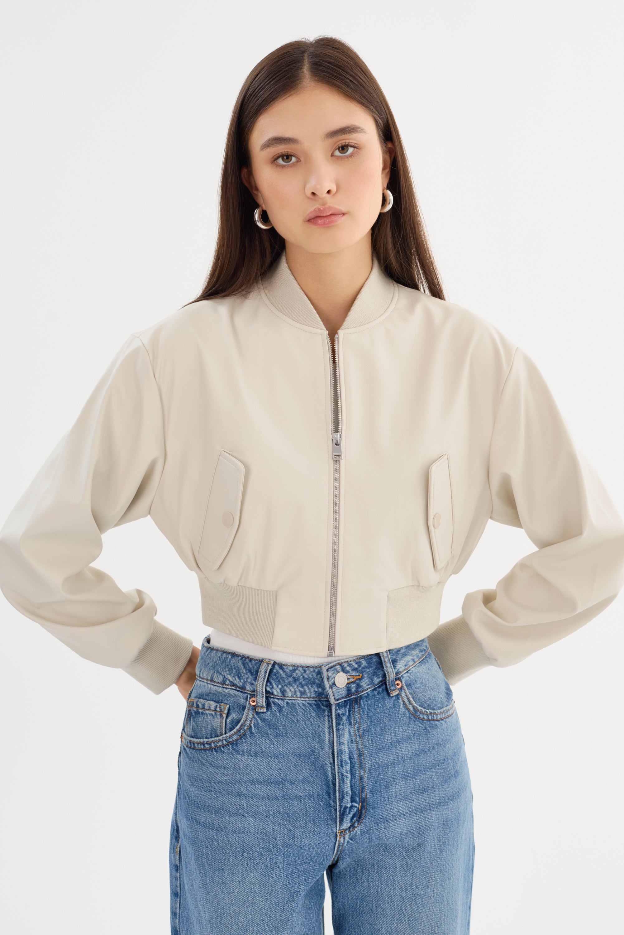 EVELIN | Cropped Faux Leather Bomber Jacket