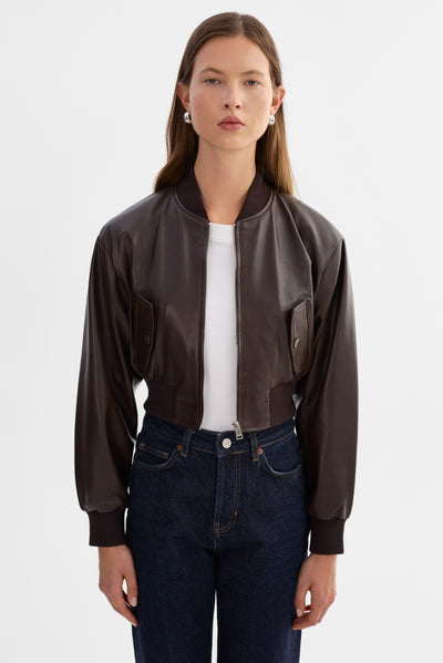 EVELIN | Cropped Faux Leather Bomber Jacket