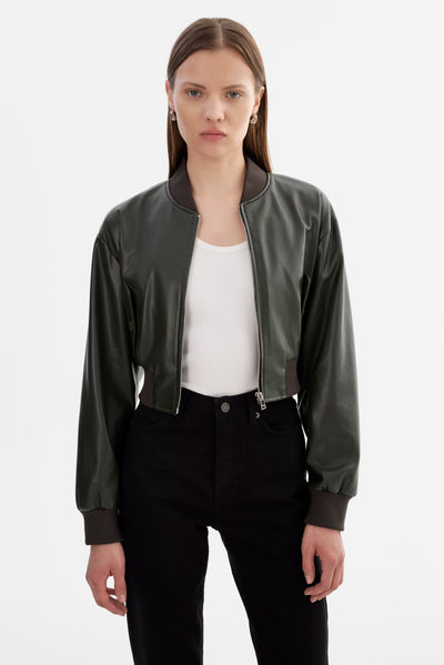 EVELIN | Cropped Faux Leather Bomber Jacket