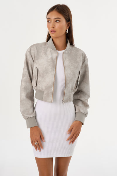 EVELIN D | Cropped Faux Leather Bomber Jacket