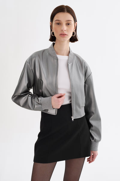 EVELIN | Cropped Faux Leather Bomber Jacket