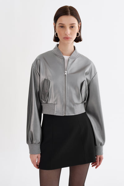 EVELIN | Cropped Faux Leather Bomber Jacket