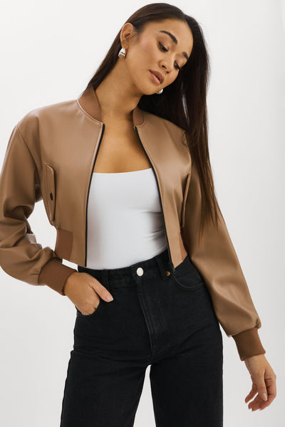 EVELIN | Cropped Faux Leather Bomber Jacket