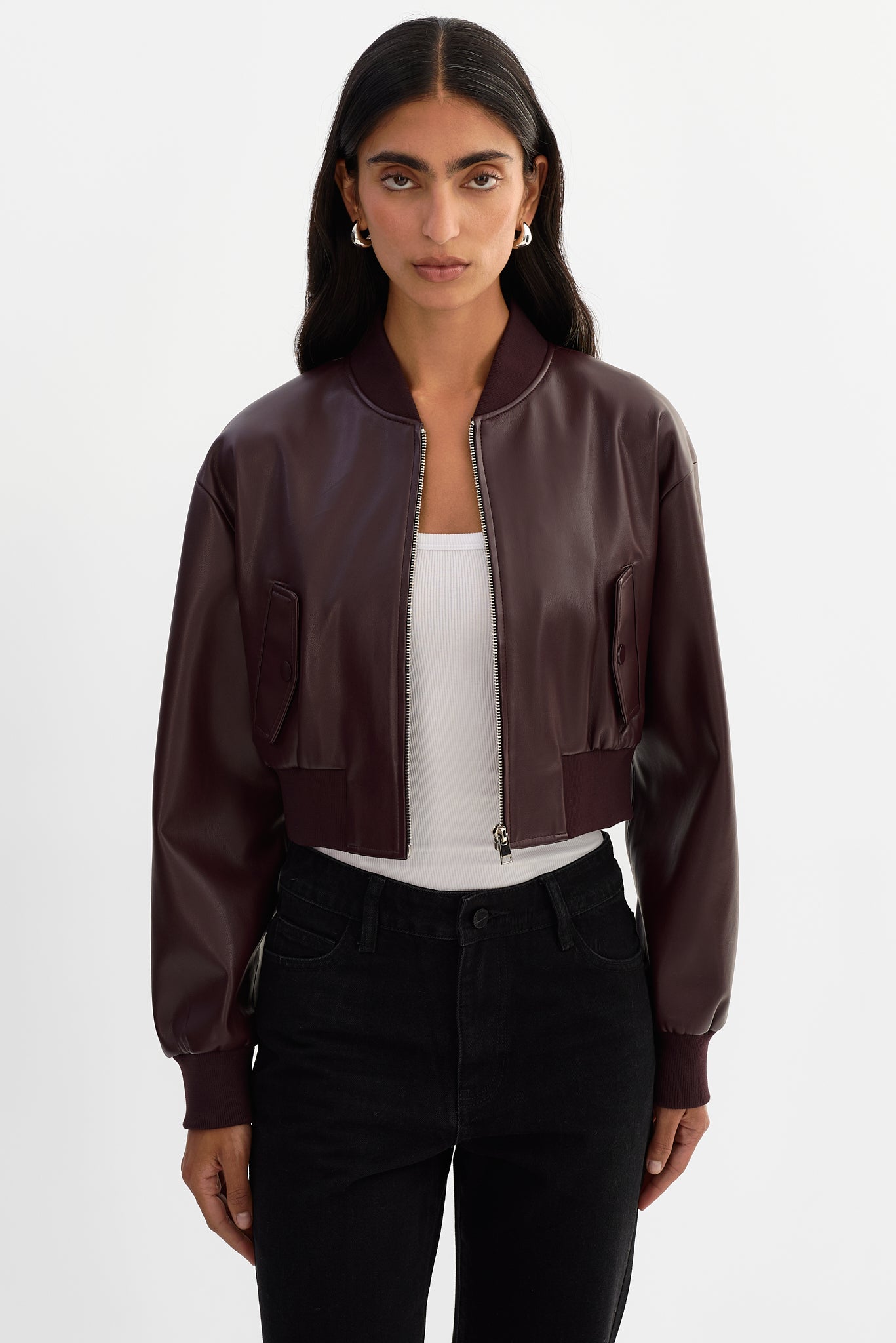 EVELIN | Cropped Faux Leather Bomber Jacket