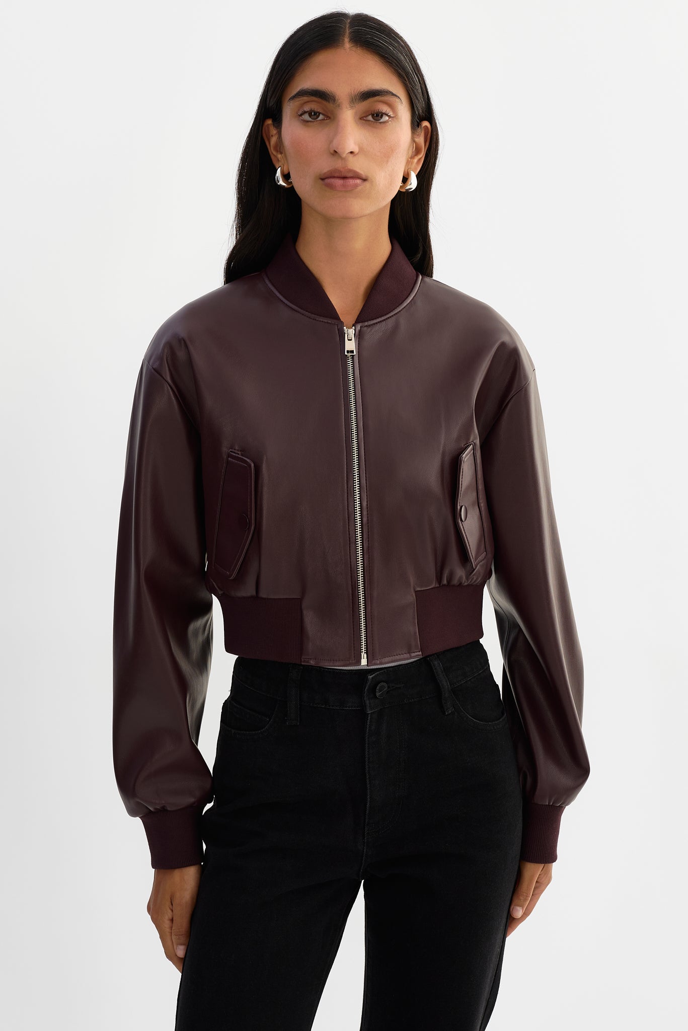 EVELIN | Cropped Faux Leather Bomber Jacket