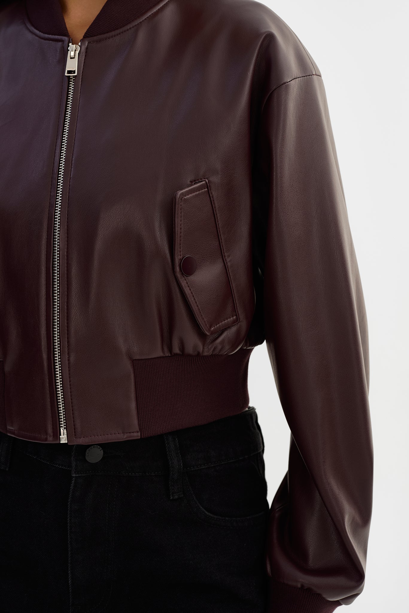 EVELIN | Cropped Faux Leather Bomber Jacket