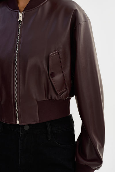 EVELIN | Cropped Faux Leather Bomber Jacket