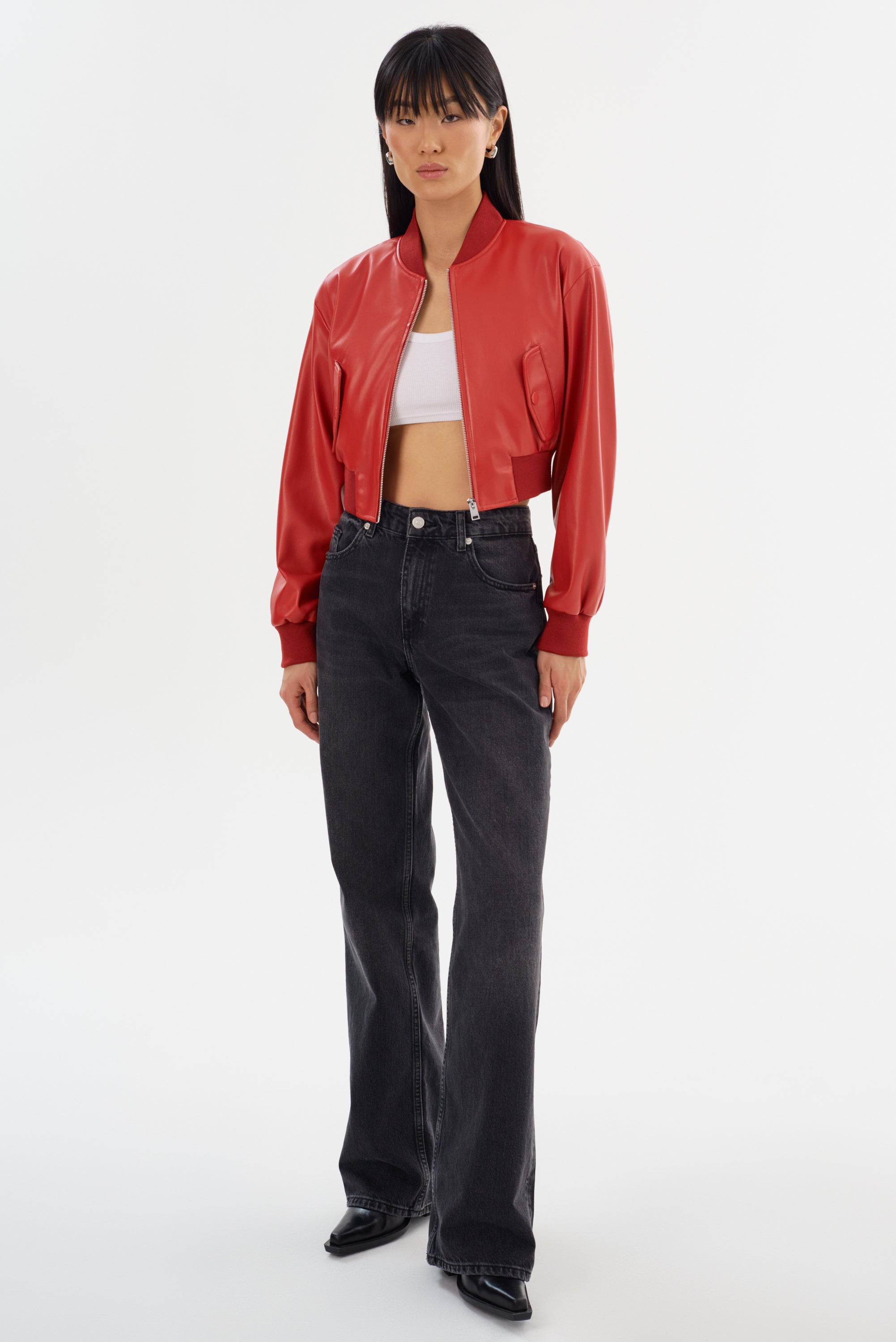 EVELIN | Cropped Faux Leather Bomber Jacket